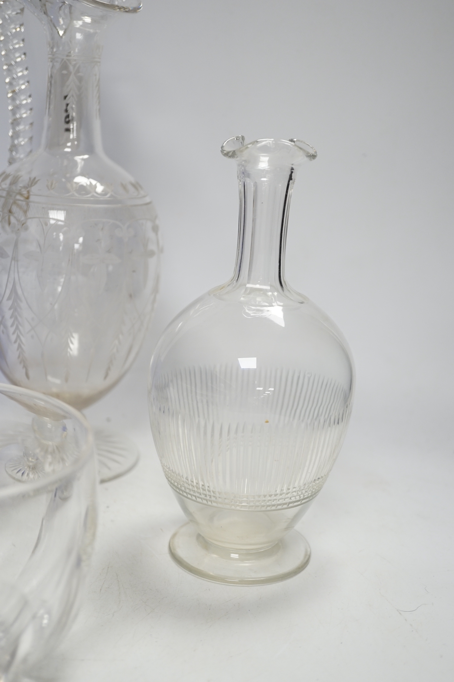 A Victorian ewer, a flask, two finger bowls and a blue glass bowl, ewer 30cm high